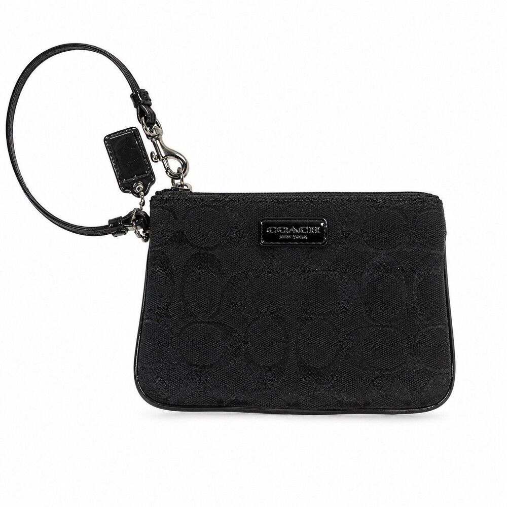 Coach Black Signature Jacquard Wristlet Patent Leather Trim Y2K
